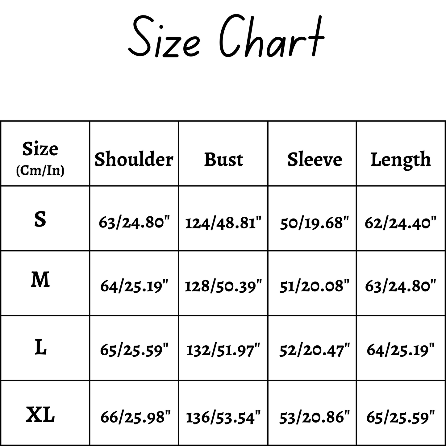 Size chart Taylor Swift Reputation cardigan