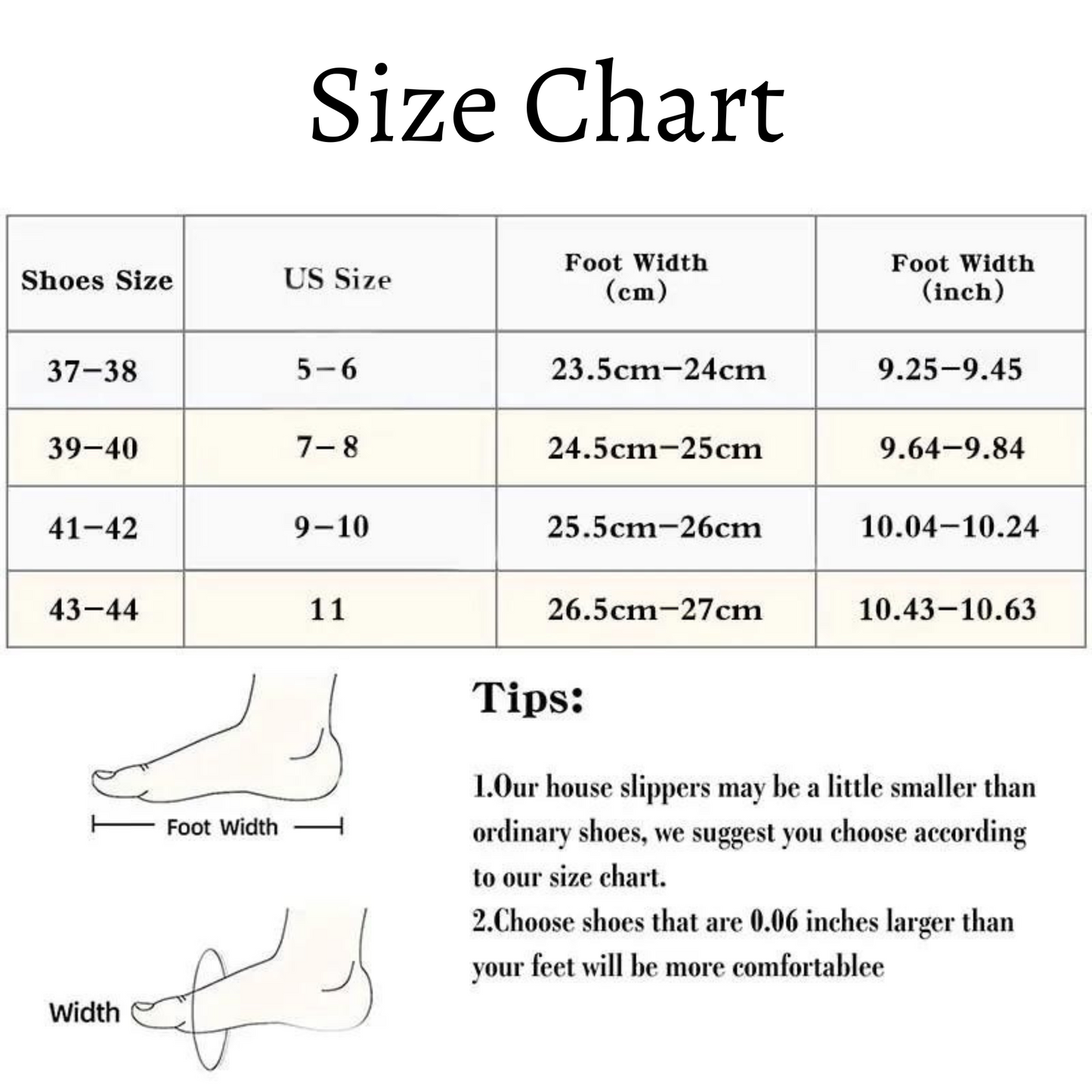 Taylors Version Slippers - Size Chart