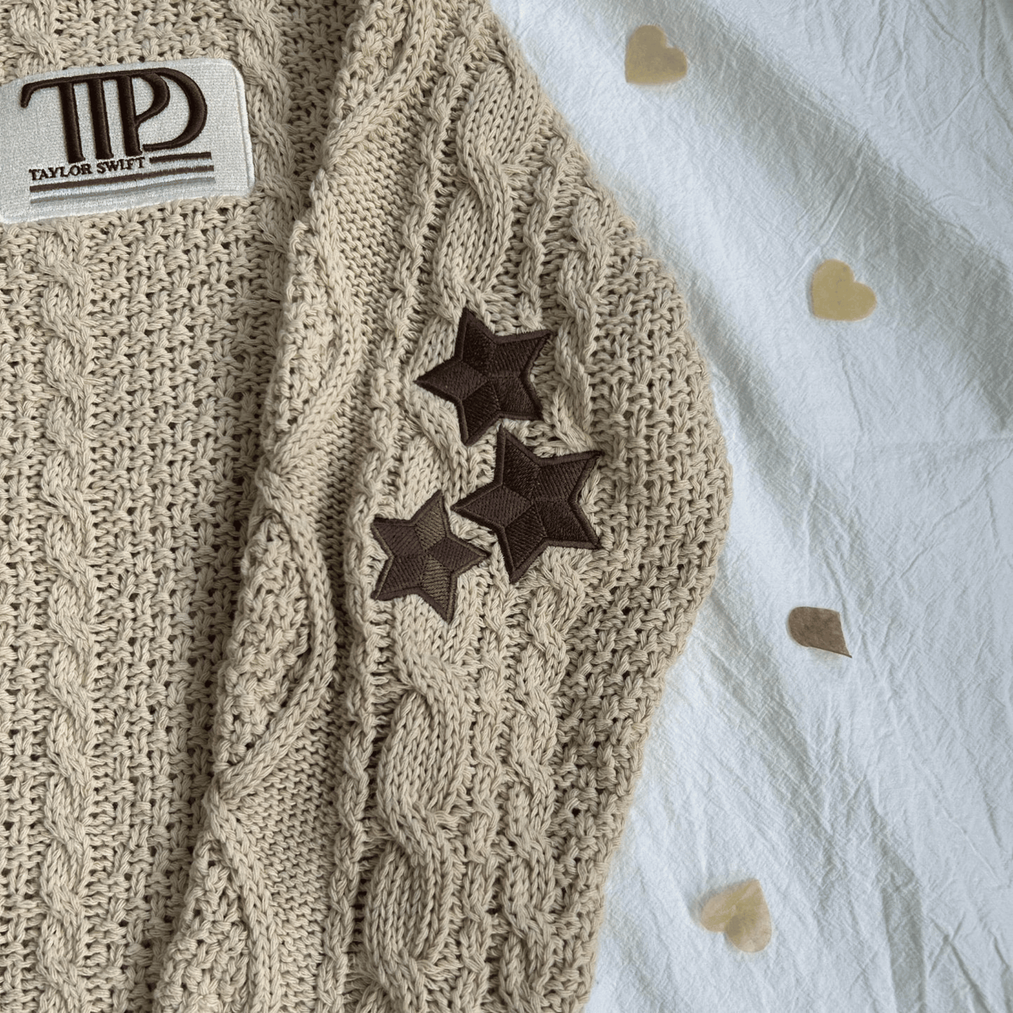 TTPD Cardigan with Taylor Swift patch and embroidered brown stars