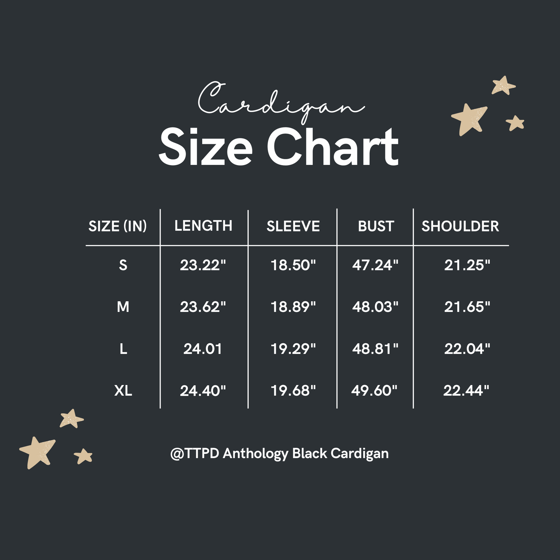 Taylor Swift Anthology TTPD Album Cardigan - Size Chart