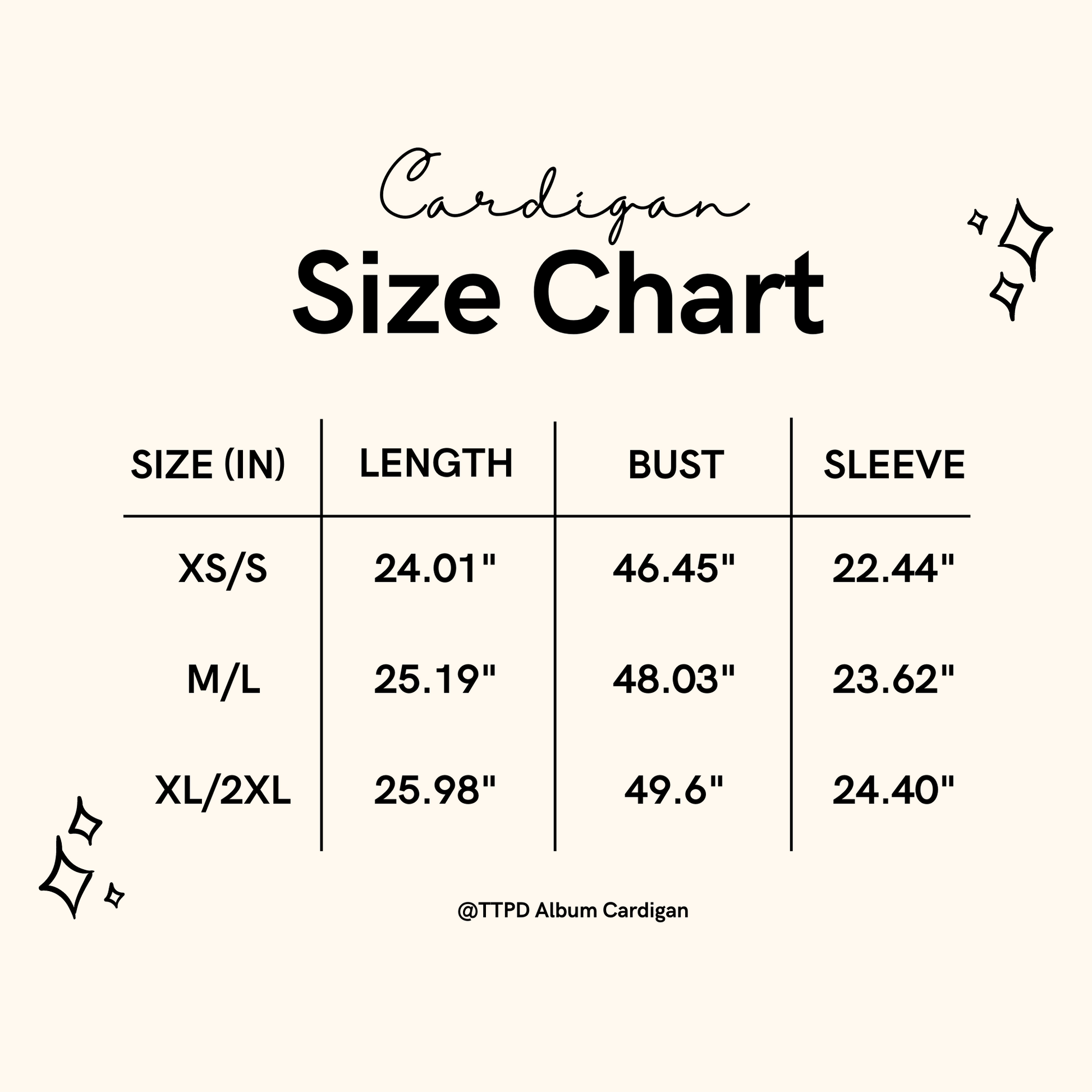 Tortured Poets Department Beige Cardigan Size Chart