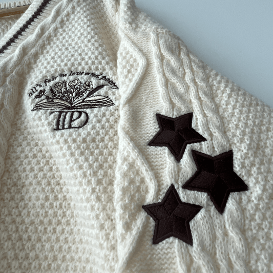 Tortured Poets Department Beige Cardigan with embroiderd black stars