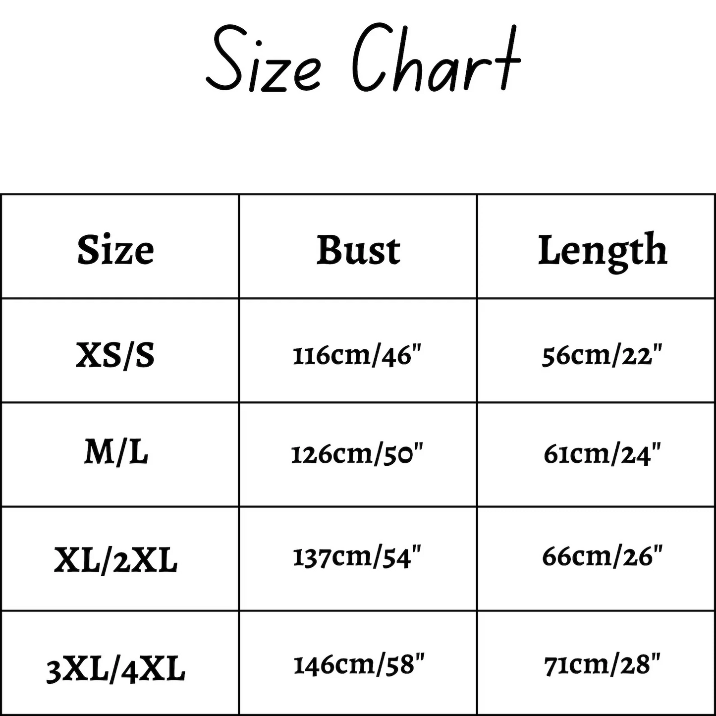Size chart of Speak Now cardigan