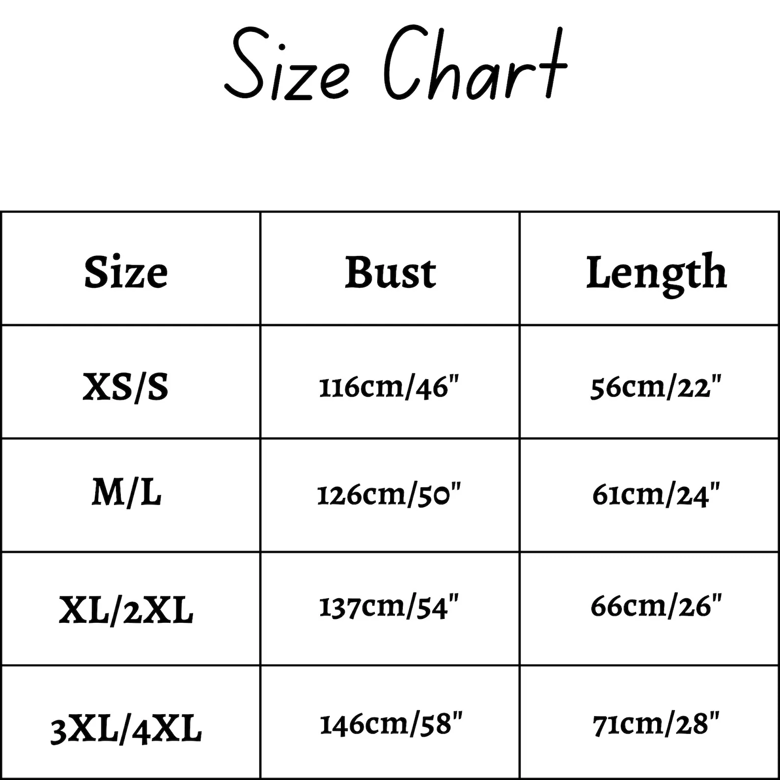 Size chart of Speak Now cardigan
