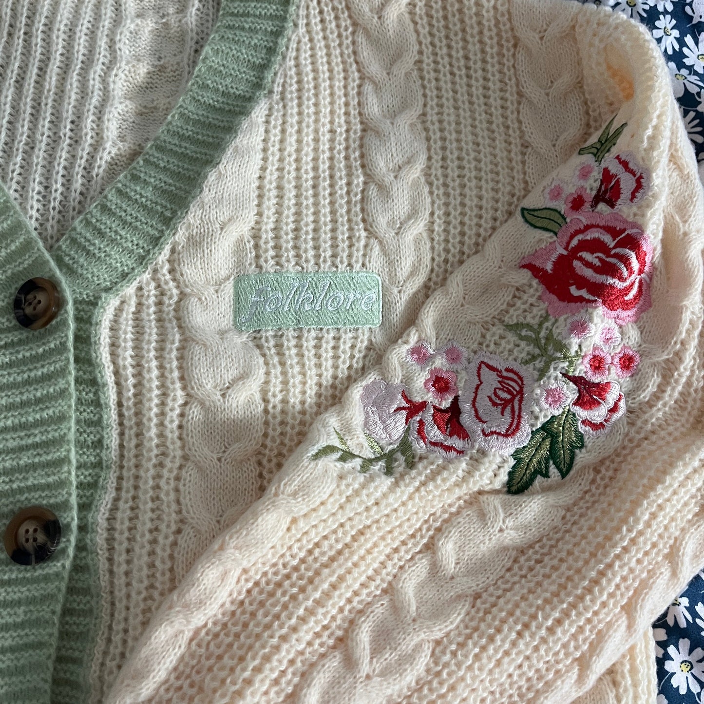 cardigan betty with embroidered flower and folklore patch